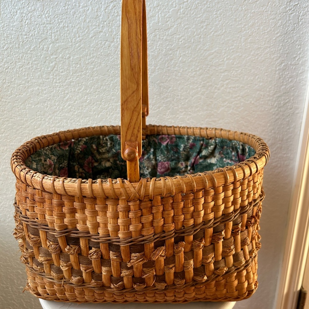 Vintage Handwoven Woven Basket with Floral Lining